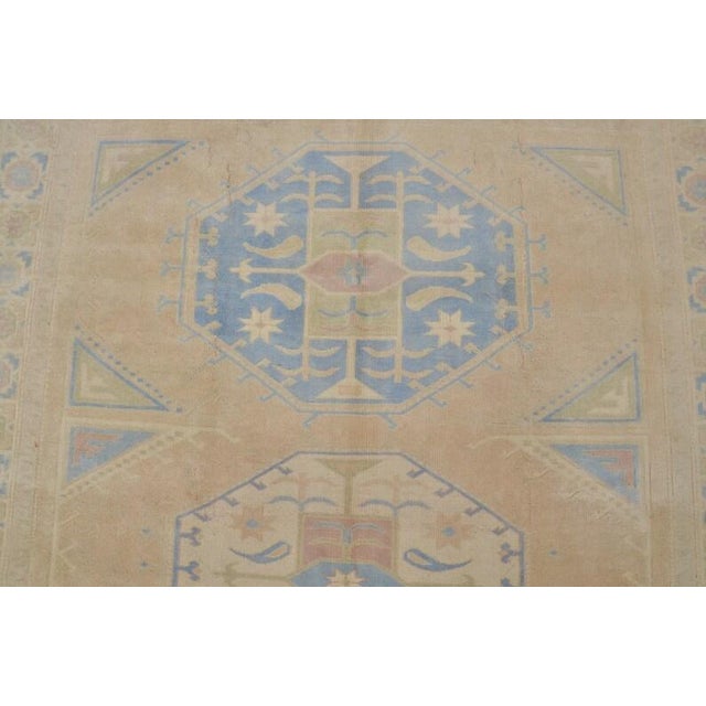 Vintage Anatolian Wool Area Rug, Light Sand Field With Soft Blue Geometric Medallions For Sale - Image 9 of 10