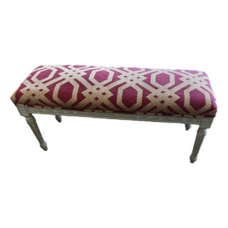1970s White Wooden Bench With Pink Patterned Cushion For Sale