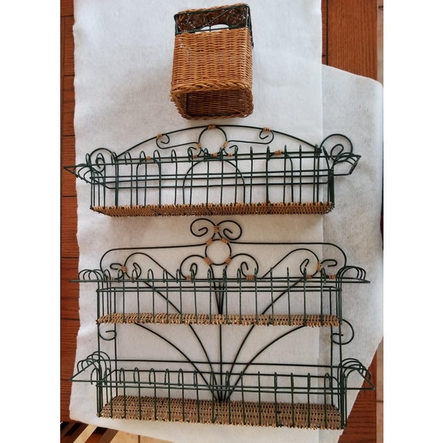 Late 20th Century Wicker And Green Metal Wire Wall Shelves 3