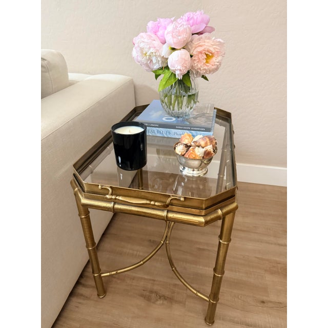 Vintage Brass Faux Bamboo Side Table With Glass Tray Top | Hollywood Regency End Table For Sale In Phoenix - Image 6 of 11