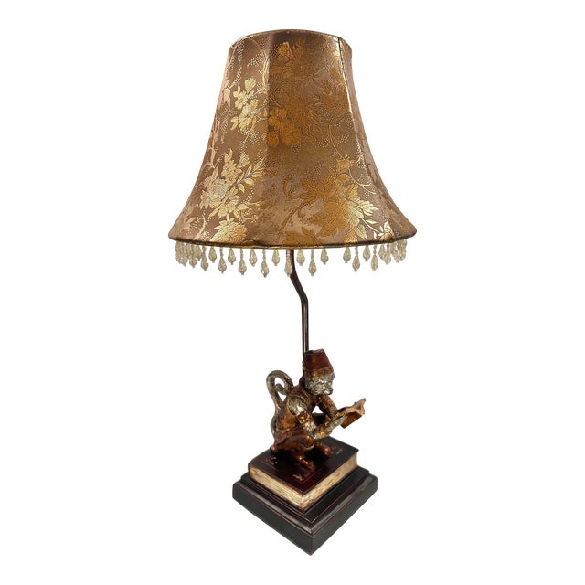 Vintage Maitland-Smith Style Bell-Hop Monkey Reading on Stack of Books Table Lamp With Gold Damask Beaded Shade For Sale