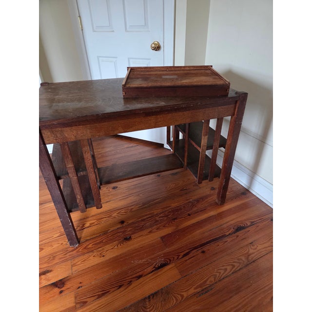 Wood Antique Mission Oak Arts & Crafts Desk / Library Table With Built-in Bookcases (Circa 1900s) For Sale - Image 7 of 13