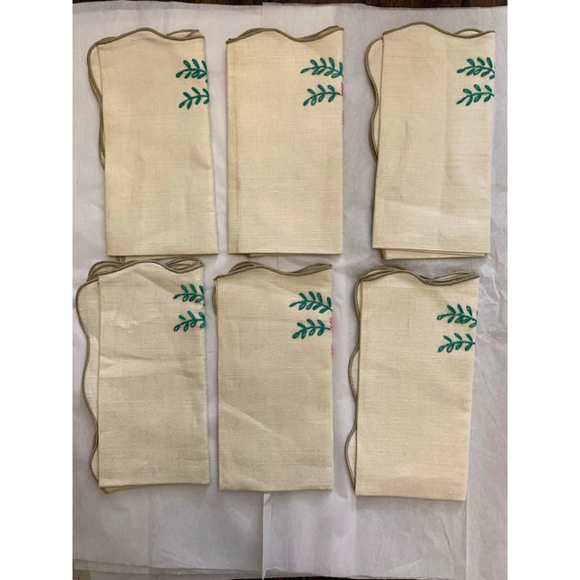 Shabby Chic Vintage Handmade Linen Ivory, Pink & Green Floral Embroidered Napkins- Set of 6 For Sale - Image 3 of 5