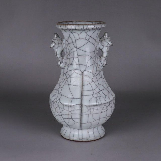Chinese Ceramic Vase Guan Ware Crackle Glaze Celadon Double Ears Vase For Sale - Image 4 of 11
