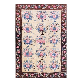 1890s Ivory Floral Antique European Besserabian Rug 4'7"x 6'7" Knotted Wool Carpet For Sale