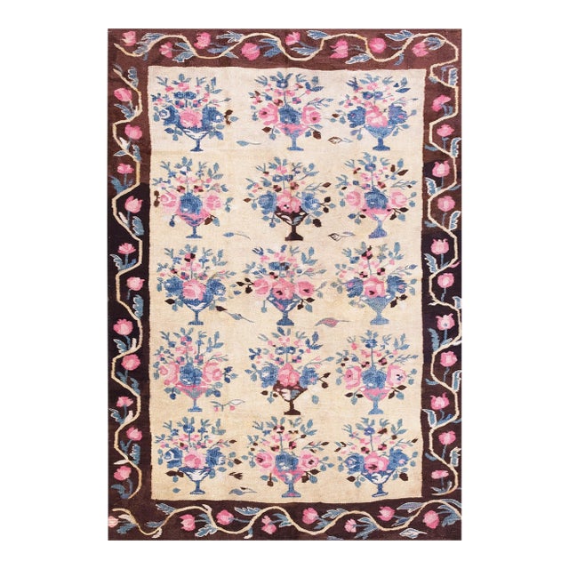 1890s Ivory Floral Antique European Besserabian Rug 4'7"x 6'7" Knotted Wool Carpet For Sale