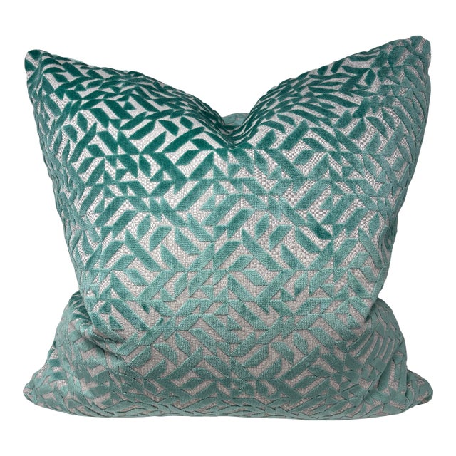 New Teal and White Geometric Pattern Cut Velvet Decorative Accent Throw Pillow Large For Sale