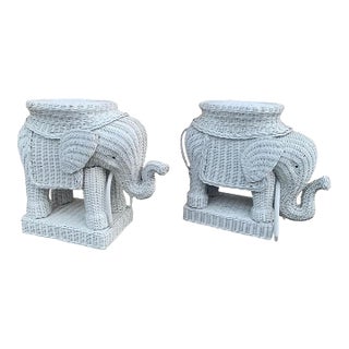 1970s White Wicker Rattan Elephant Garden Stools or Side Tables, Pair For Sale