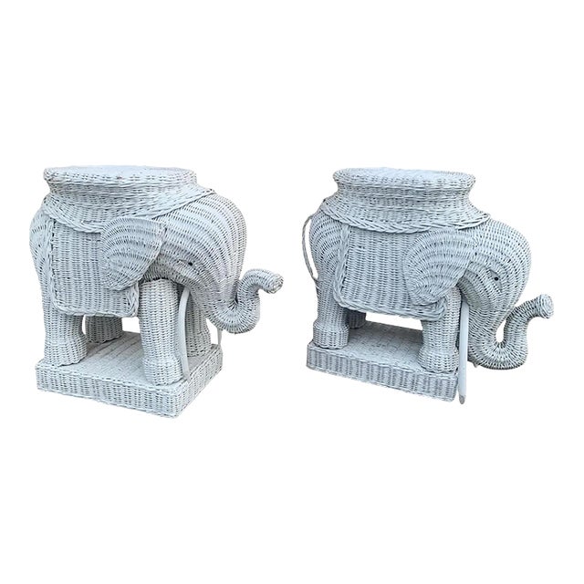 1970s White Wicker Rattan Elephant Garden Stools or Side Tables, Pair For Sale