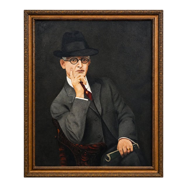 Huge Distinguished Antique Art Deco Oil Painting of Man in Suit Dandy Fashion Framed Portrait Home Wall Decor For Sale