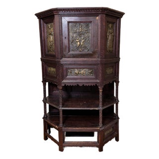 Late 19th Century Gothic Revival Oak Cabinet With Repoussé Medieval Figural Panels For Sale