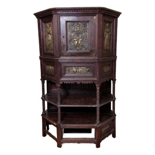 Late 19th Century Gothic Revival Oak Cabinet With Repoussé Medieval Figural Panels For Sale
