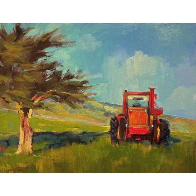 Working Tractor by Samantha Buller | Oil Painting of a red tractor in a grassy landscape. For Sale