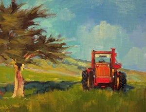 Working Tractor by Samantha Buller | Oil Painting of a red tractor in a grassy landscape.