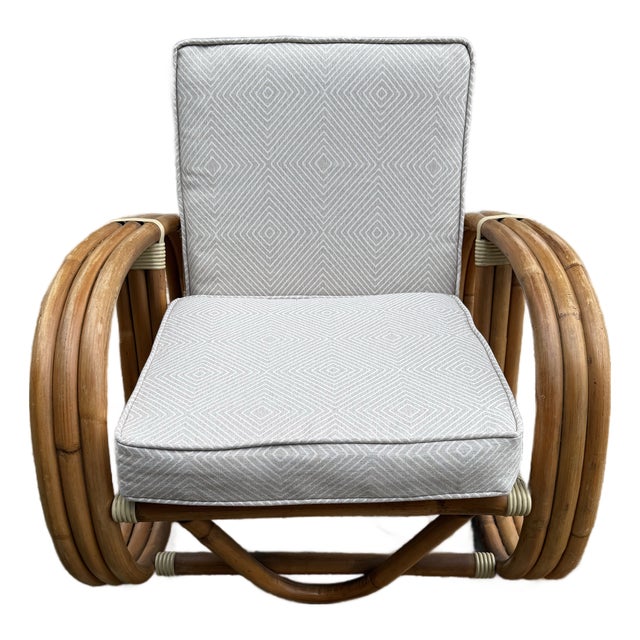 Mid Century Paul Frankl Style Bent Bamboo Rattan Three Strand Pretzel Lounge Chair v Front Design For Sale