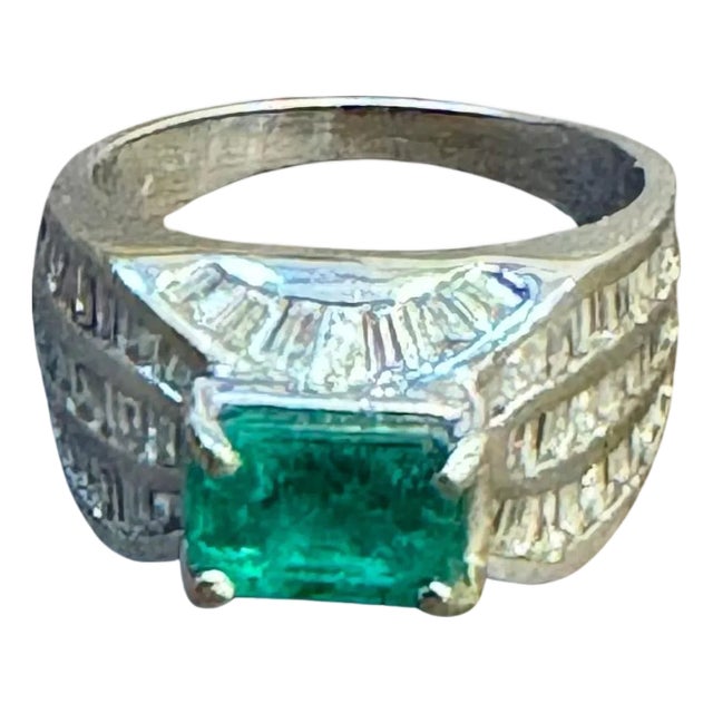 1.3 Ct Colombian Emerald Cut Emerald & 1 Ct Diamond 14 Kt White Gold Ring Size 7 For Sale