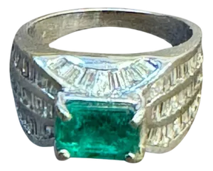 1.3 Ct Colombian Emerald Cut Emerald & 1 Ct Diamond 14 Kt White Gold Ring Size 7