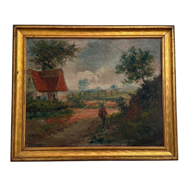 Charming late 19th-century French impressionist oil on board depicting a solitary farmer strolling down a sunlit country...