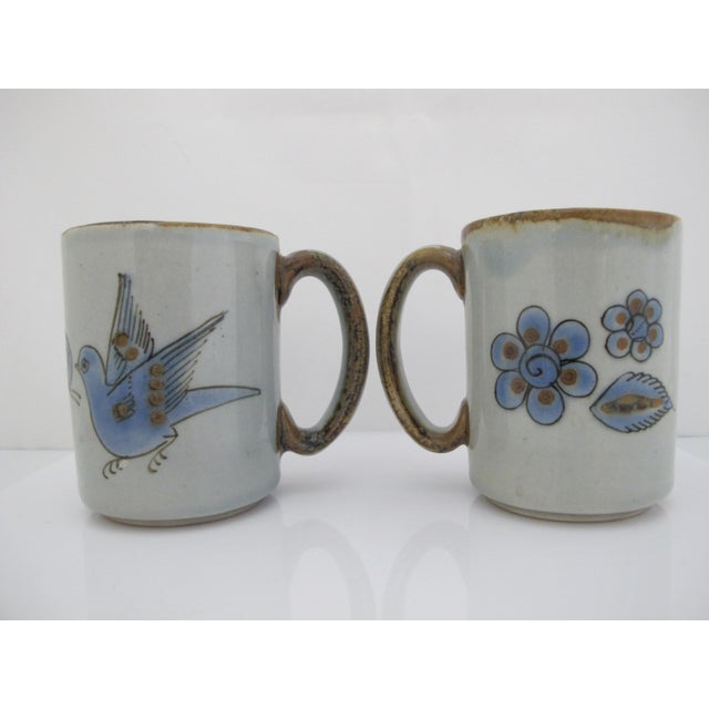 1960s Ken Edwards El Palomar Blue Bird Flowers Mexican Tonala Folk Art Coffee Cup Pair For Sale - Image 5 of 11