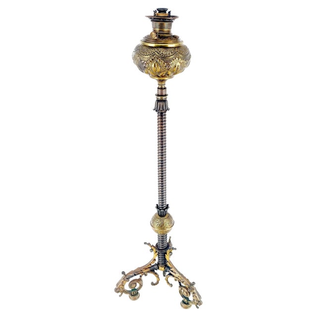 19h Century Cast Polished Brass Tripod Base Adjustable Height Oil Flor Lamp MINT For Sale - Image 10 of 17