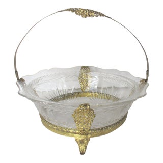 Antique 1900s Gold Ornate Metal Frame and Crystal Bowl Star Bust Pattern Brides Basket For Sale