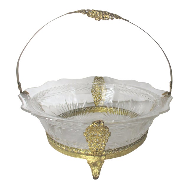 Antique 1900s Gold Ornate Metal Frame and Crystal Bowl Star Bust Pattern Brides Basket For Sale