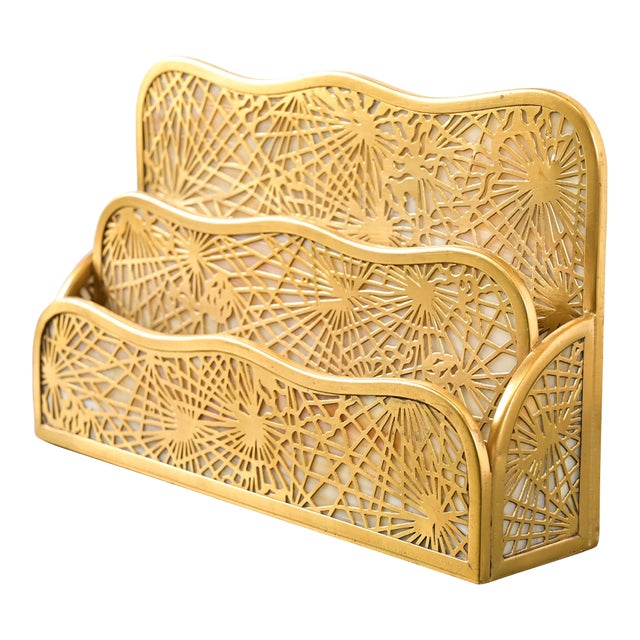 Tiffany Studios New York Pine Needle Bronze Doré and Favrile Slag Glass Letter Rack For Sale