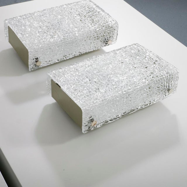 Pair of ice glass sconces by Kaiser. UL certified.