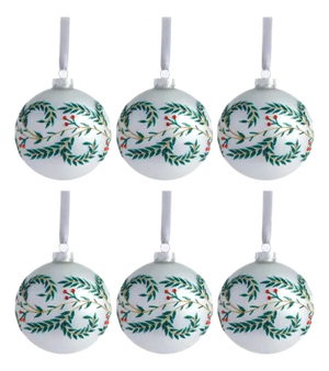 White Metallic Glass Ball Holiday Ornaments with Leaf Design, Set of 6, 4"