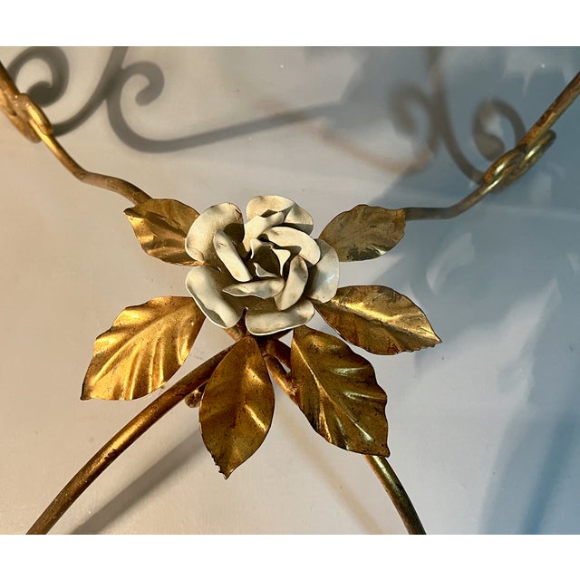 Gilt Table With 24 Tole White Roses & Leaves Glass Top Italian Hollywood Regency For Sale - Image 4 of 9
