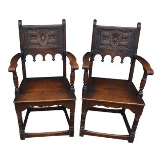 1940s Vintage Carved Pair of j.e. Ware Furniture Wainscot Wood Side / Dining Chairs Medieval / Thrones For Sale