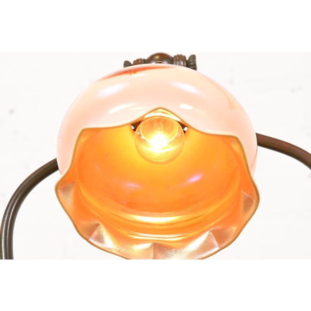 Tiffany Studios New York Bronze Harp Desk Lamp With Pulled Feather Favrile Glass Shade For Sale - Image 9 of 14