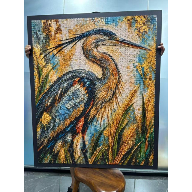 Gilded Serenity A graceful heron rises against a luminous tapestry of gold, amber, and sapphire. Reflective, glasslike...