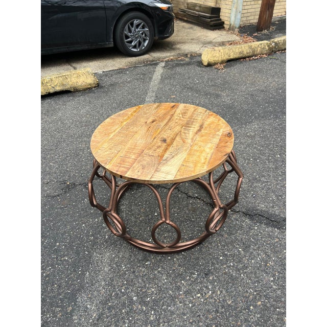 Contemporary Vintage Round Wood & Metal Coffee Table For Sale - Image 3 of 6