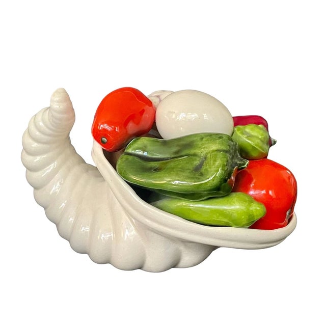 Mid-Century Modern Vintage Ceramic Cornucopia With Vegetables – Midcentury Thanksgiving Harvest Centerpiece For Sale - Image 3 of 7