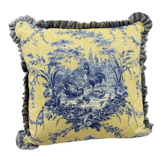 Legacy French Country Toile Style Blue and Yellow Chicken Pillow For Sale
