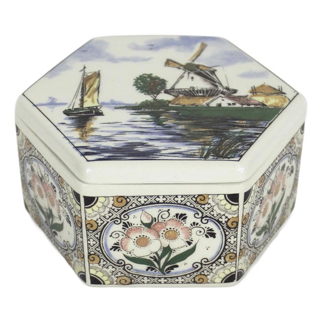 Vintage Ceramic Trinket Box Flowers Windmill Holland Signed Hand Painted Delft Polychrome For Sale