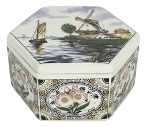 Vintage Ceramic Trinket Box Flowers Windmill Holland Signed Hand Painted Delft Polychrome