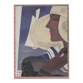 Matted French Art Deco Print-Woman & Sail Boat For Sale