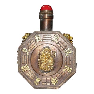 Vintage Chinese Bronze Octagonal Snuff Bottle With Bagua & Gilt Deity For Sale