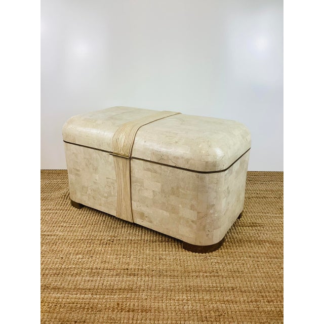 Postmodern Vintage 1980s Cream Tessellated Stone & Rattan Reed and Brass Lidded Trunk Chest Table by Maitland Smith For Sale - Image 3 of 12