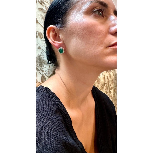 6 Ct Oval Shape Emerald & 3 Ct Diamond Post Back Earrings 14 Karat White Gold For Sale - Image 12 of 18