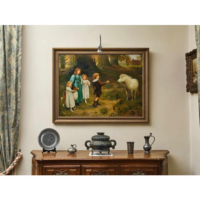 A romantic genre scene with children and a pony in a forest clearing, created in the second half of the 20th century based...