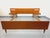 Vintage Scandinavian-style double bed from the 1960s, made of teak, with headboard, frame, footboard, and floating bedside...
