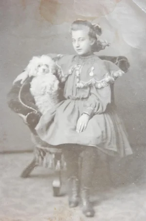 Antique Studio Photograph Young Girl Poodle Dog Posing
