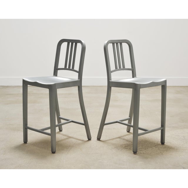 Late 20th Century Pair of Emeco 'Navy' Bar Counter Stools in Brushed Aluminum For Sale - Image 5 of 17