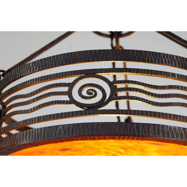 Metal H. Fournet & Charles Schneider French Art Deco Chandelier 1920s - Orange Mottled Glass & Wrought Iron For Sale - Image 7 of 12