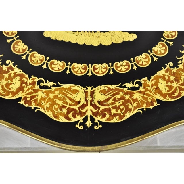 Black Vintage Italian Lacquered Wood & Brass Chariot Marquetry Inlay Bar Serving Tray For Sale - Image 8 of 12