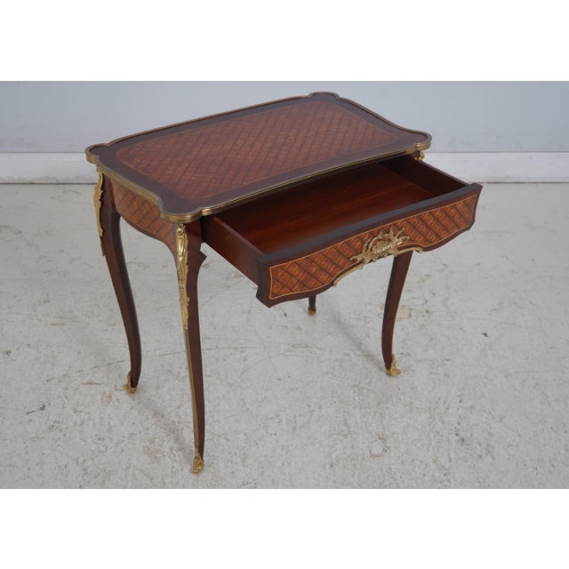 French Louis XV Style Parquetry Inlaid Mahogany Side Table W. Drawer For Sale - Image 3 of 17