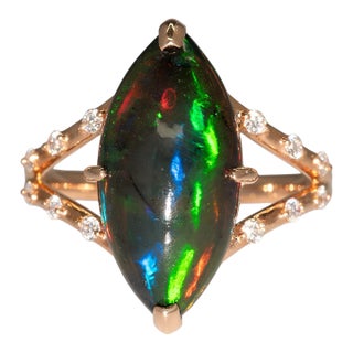 4.1Ct Black Opal Ring With Earth Mined Diamonds Accents: Solid 14k Gold, Size 6.75 For Sale